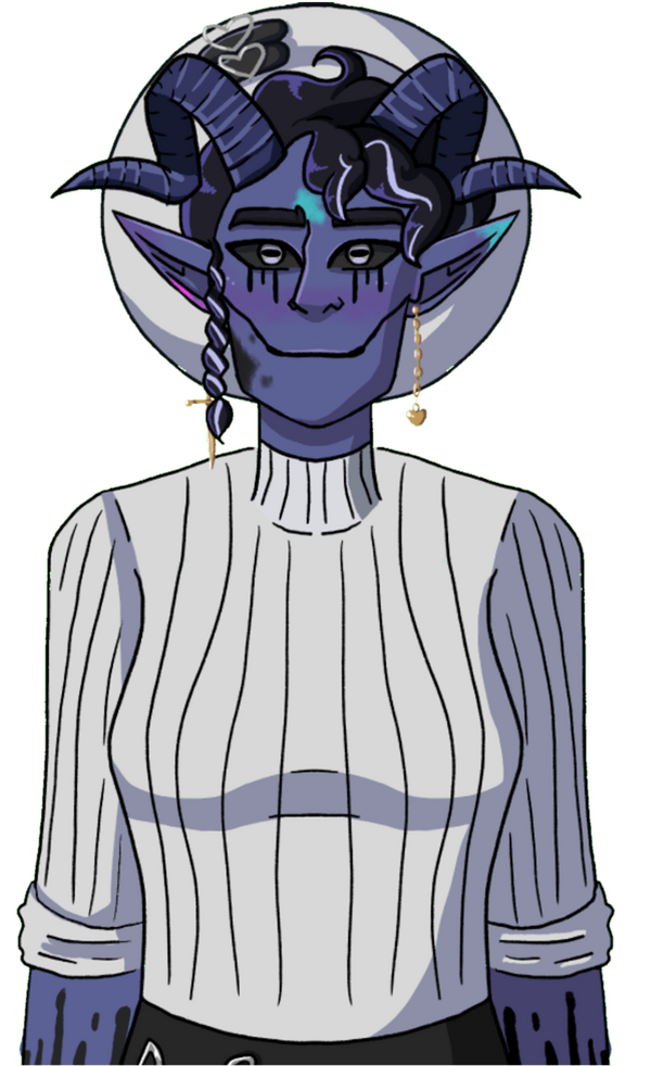 An image with the text "support inky on ko-fi" written. Underneath is a link: ko-fi.com/commander_inky, with some hearts. Next to the text is a drawing of Inky, a blue-skinned person with long pointed ears and curled horns. She's sticking her tongue out.