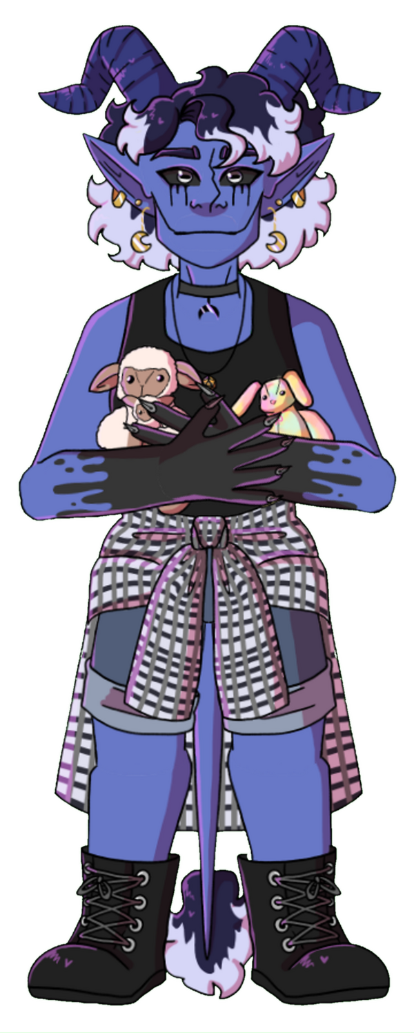 An image with the text "support inky on ko-fi" written. Underneath is a link: ko-fi.com/commander_inky, with some hearts. Next to the text is a drawing of Inky, a blue-skinned person with long pointed ears and curled horns. She's sticking her tongue out.