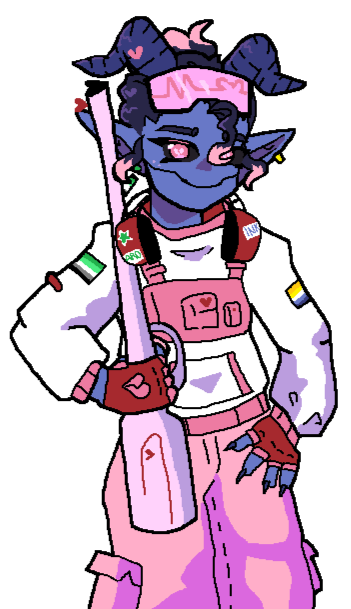 An image with the text "support inky on ko-fi" written. Underneath is a link: ko-fi.com/commander_inky, with some hearts. Next to the text is a drawing of Inky, a blue-skinned person with long pointed ears and curled horns. She's sticking her tongue out.