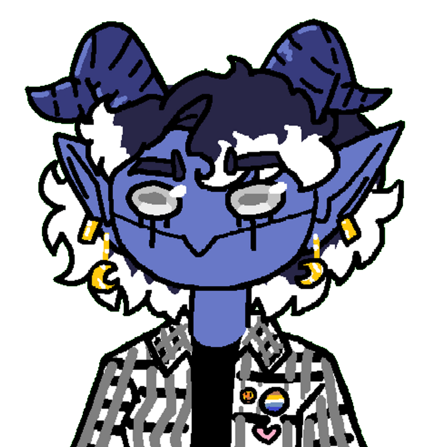 An image with the text "support inky on ko-fi" written. Underneath is a link: ko-fi.com/commander_inky, with some hearts. Next to the text is a drawing of Inky, a blue-skinned person with long pointed ears and curled horns. She's sticking her tongue out.