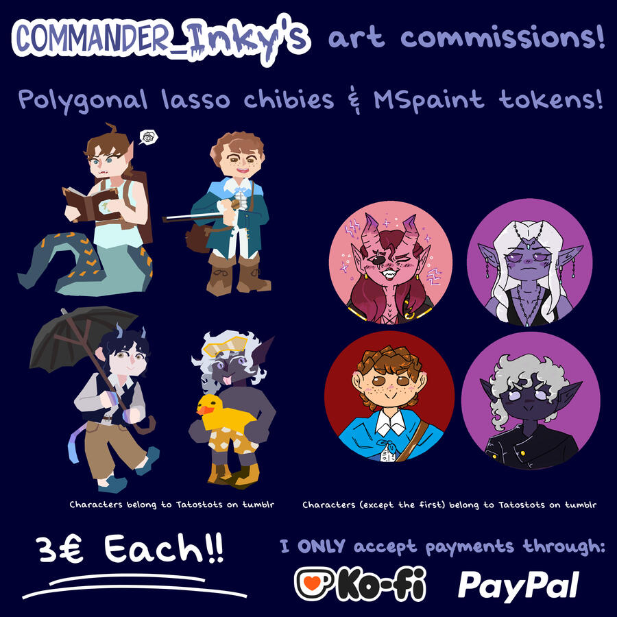 Commission sheet for the polygonal lasso chibies and MSpaint tokens