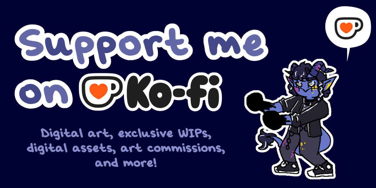 An image with the text "support inky on ko-fi" written. Underneath is a link: ko-fi.com/commander_inky, with some hearts. Next to the text is a drawing of Inky, a blue-skinned person with long pointed ears and curled horns. She's sticking her tongue out.
