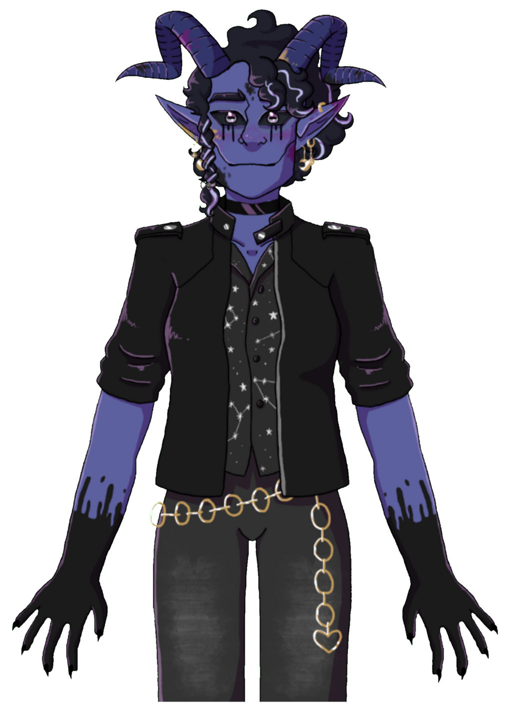 An image with the text "support inky on ko-fi" written. Underneath is a link: ko-fi.com/commander_inky, with some hearts. Next to the text is a drawing of Inky, a blue-skinned person with long pointed ears and curled horns. She's sticking her tongue out.